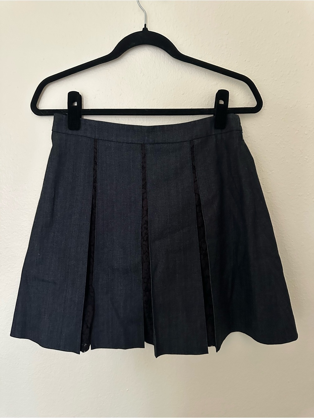 Miu Miu Denim & Lace Pleated A-Line Skirt